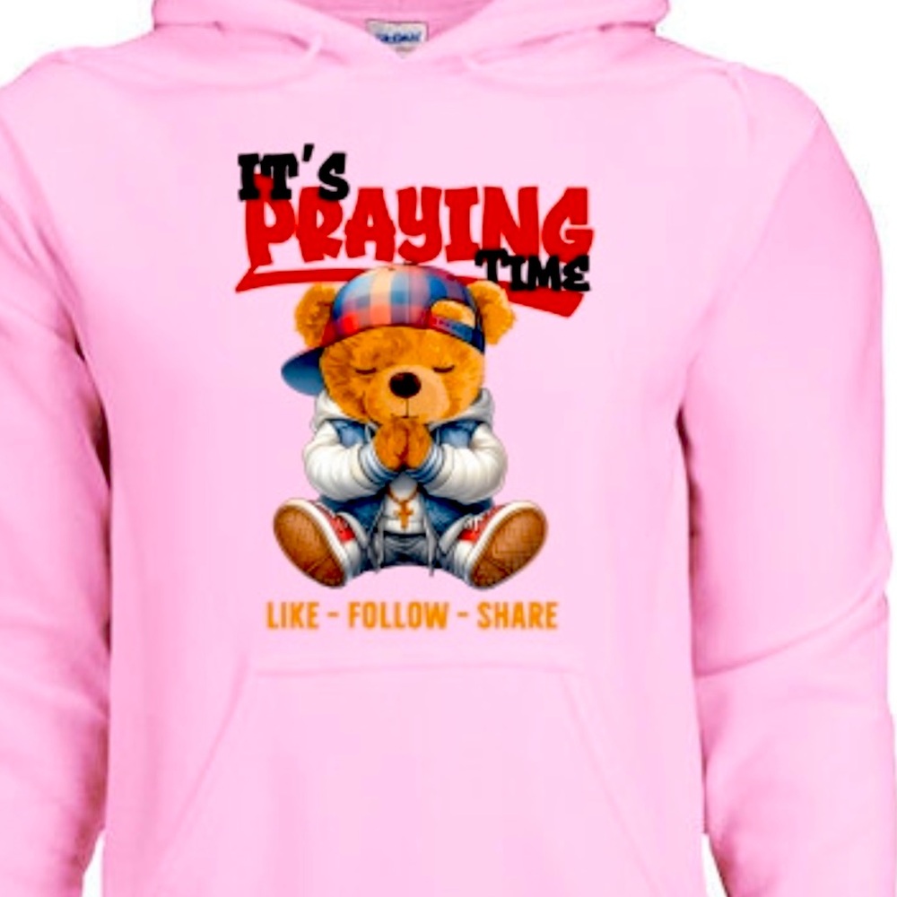 Gildan Pink Hoodie with Praying Bear Graphic